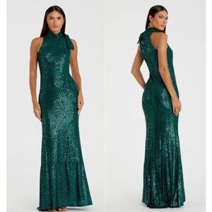 NEW Mac Dugal Ieena Sequined Soft Tie Halter Neck Column Gown Teal Green Sz 14